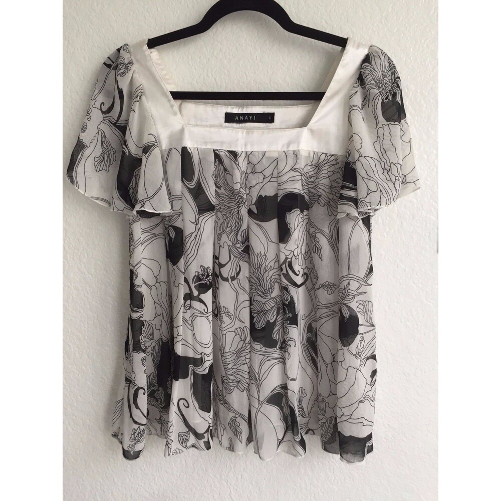ANAYI Floral Print Black & White Inverted Pleat Blouse Flutter Chiffon Top XS S